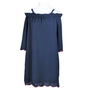 Lily Rose Dress Off-Shoulder Knee Length Red Trim Scalloped Edge Blue Women's M